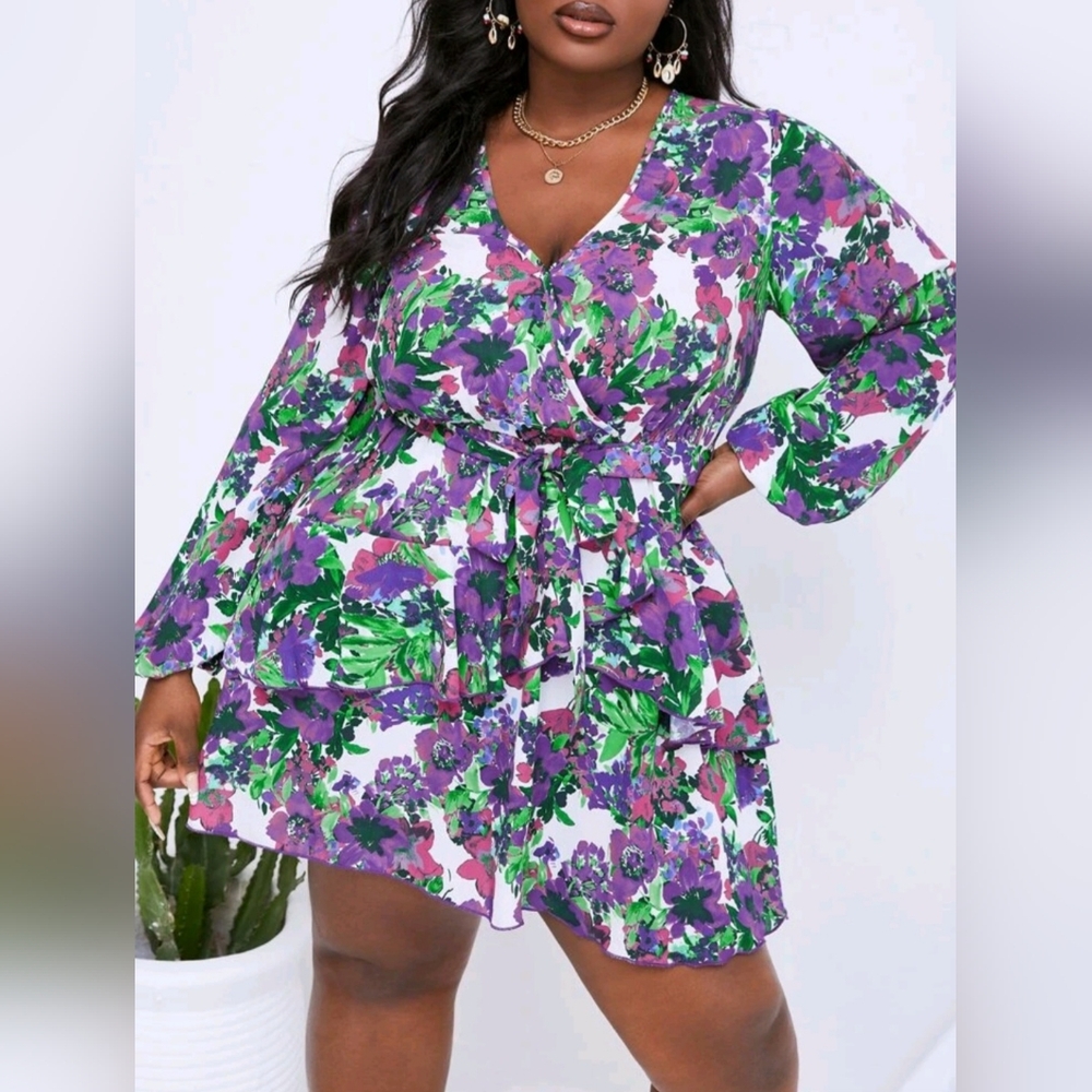 SHEIN SXY Plus Floral Print Ruffle Hem Lantern Sleeve Belted Dress